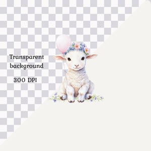 May include: A white lamb with a pink balloon and a flower crown sits on a bed of purple flowers.