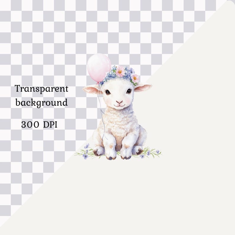 May include: A white lamb with a pink balloon and a flower crown sits on a bed of purple flowers.