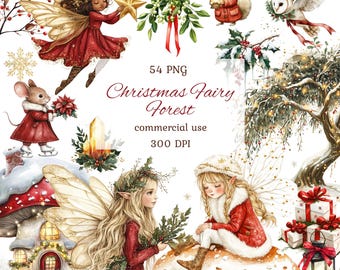 Op de afbeelding: Waterverfillustratie met feeën, bosdieren en kerstelementen. De afbeelding bevat een fee met een ster, een muis in een rode jas en de tekst "Christmas Fairy Forest". De afbeelding is gelabeld met "54 PNG" en "300 DPI".