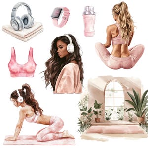 May include: A digital illustration of a woman doing yoga on a pink mat with a window and plants in the background. There are other illustrations of women wearing headphones, a water bottle, and a smartwatch.