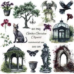 Aquarel gotische tuin clipart png bundel, gotische tuinpoorten, gotische bloemen clipart, gotische roos png, gotisch paleis, scrapbooking