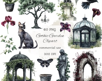 Watercolor gothic garden clipart png bundle, gothic garden gates, gothic floral clipart, gothic rose png, gothic palace, scrapbooking
