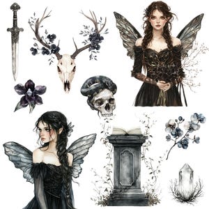 Watercolor Dark Fairy Clipart Png Bundle, Black Fairy Tale, Gothic ...