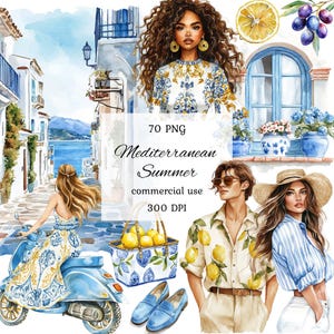 Pacchetto di clipart png con immagini estive mediterranee ad acquerello, clipart di piastrelle mediterranee, clipart di limoni, Italia, Grecia, clipart di nozze, viaggi