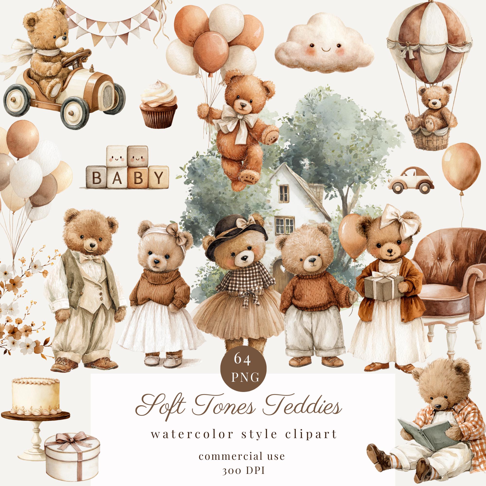 Watercolor Teddy Bear Clipart Png Bundle, Neutral Baby Shower, Bear Hot ...