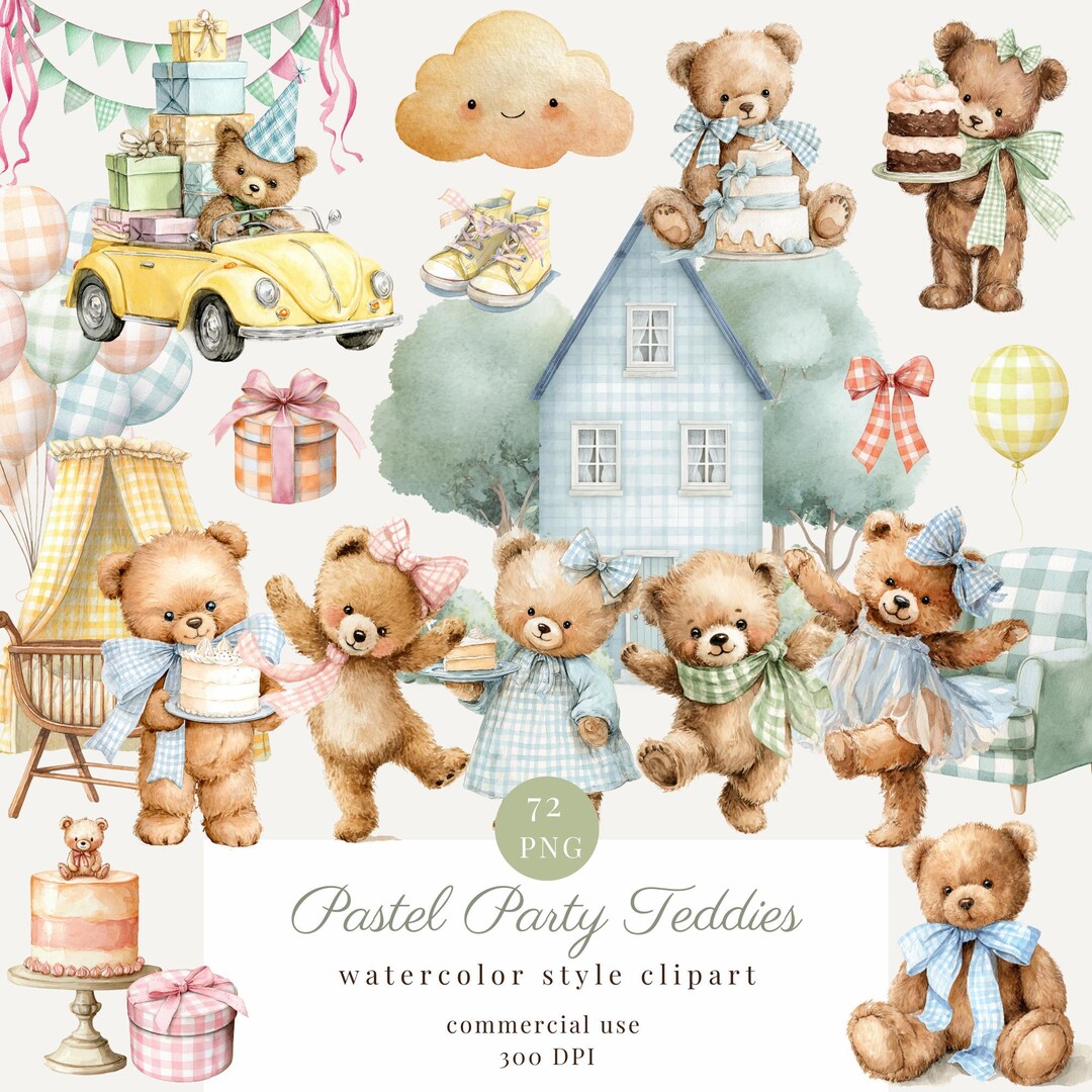 Watercolor Teddy Bear Birthday Party Clipart Png Bundle, Baby Teddy ...