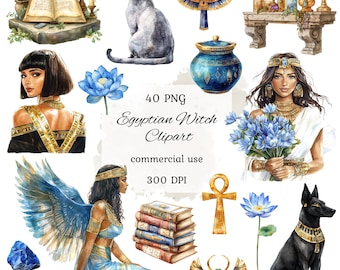Watercolor egyptian witch clipart png bundle, egyptian clipart, ancient egypt clipart, occult, witchcraft clipart, sphynx cat, scrapbooking