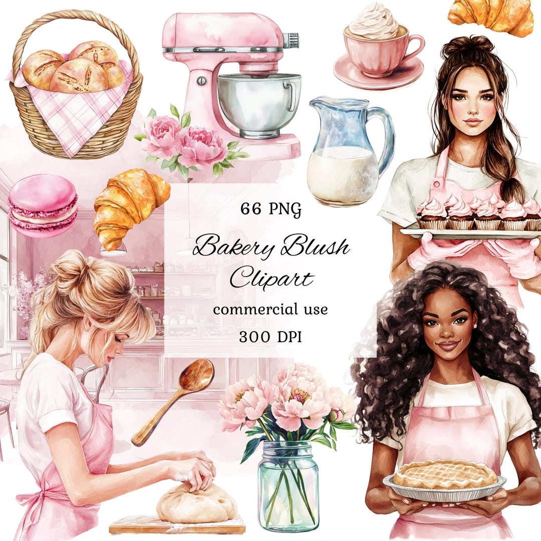 Watercolor Pink Bakery Clipart Png Bundle, Baking Clipart, Dessert ...