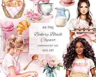 Op de afbeelding: Waterverfillustraties van bakkerijartikelen en vrouwen in schorten. Inclusief een roze keukenmixer, croissants, macarons, een broodmand, een kopje koffie en een taart. Tekst luidt "Bakery Blush Clipart".