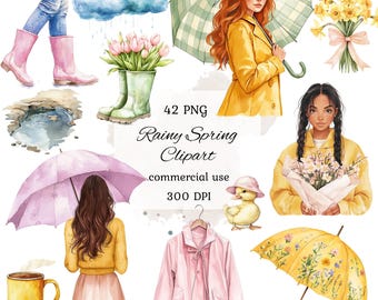 Watercolor rainy day clipart png bundle, spring girl clipart, rain boots, rain coat, umbrella clipart, spring floral clipart, scrapbooking