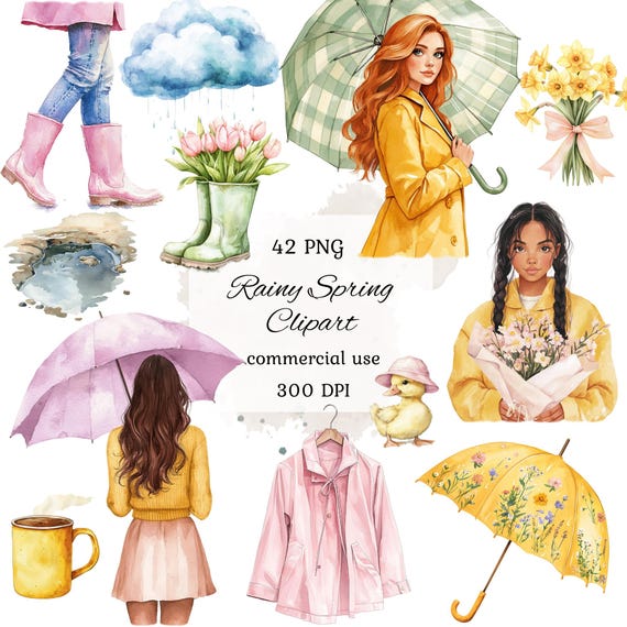 Watercolor rainy day clipart png bundle, spring girl clipart, rain boots, rain coat, umbrella clipart, spring floral clipart, scrapbooking