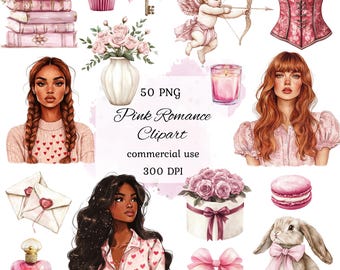 Watercolor valentines day clipart png bundle, love clipart, pink valentine png, romantic clipart, pink rose clipart, scrapbooking