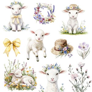 May include: A set of watercolor illustrations featuring cute white lambs with floral wreaths and hats. The illustrations are perfect for adding a touch of whimsy to any project.