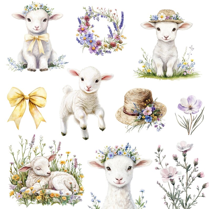 May include: A set of watercolor illustrations featuring cute white lambs with floral wreaths and hats. The illustrations are perfect for adding a touch of whimsy to any project.