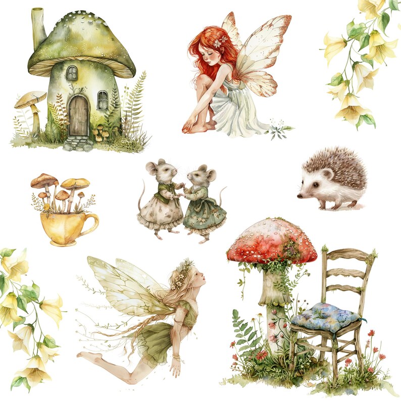 Watercolor Magical Fairy Garden Clipart Png Bundle, Cute Fairy Forest ...