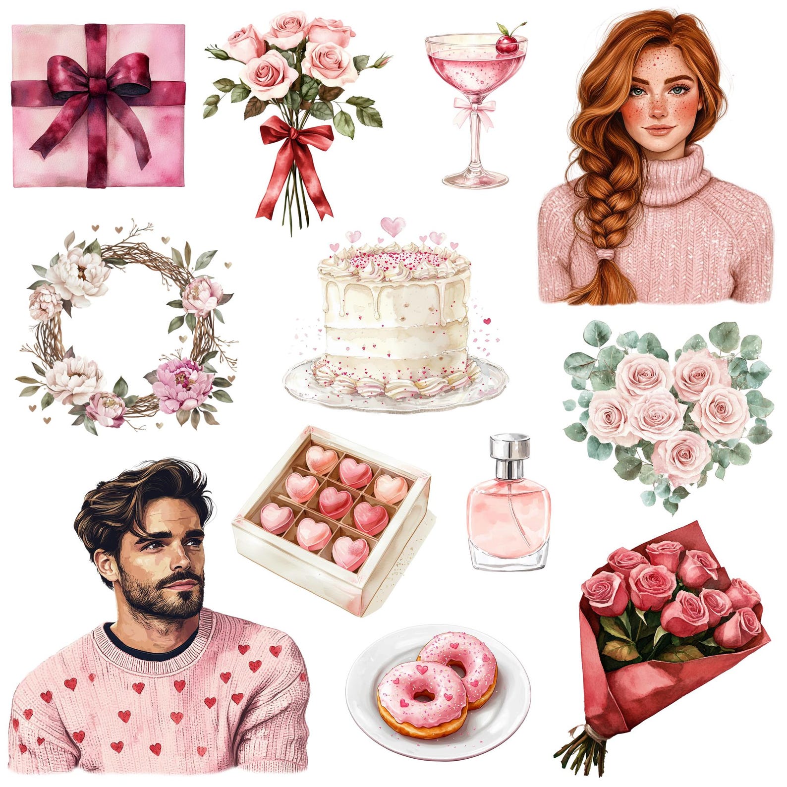 Watercolor Valentines Day Clipart Png Bundle, Love Clipart, Pink ...