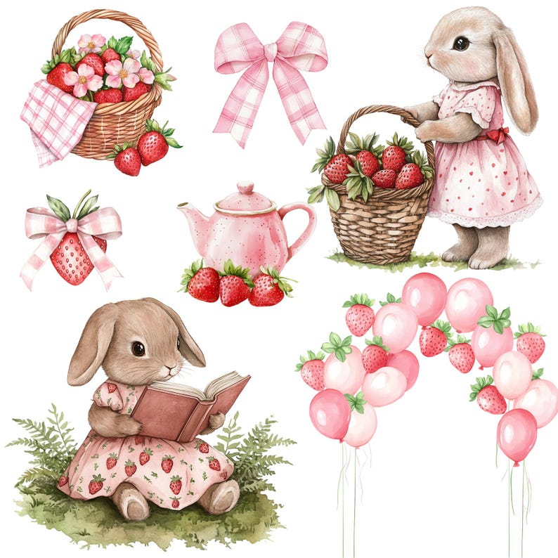 K&ouml;nnte beinhalten: Aquarellillustration mit Erdbeeren, rosa Luftballons und einem Hasen. Der Hase tr&auml;gt ein rosa Kleid und h&auml;lt einen Korb mit Erdbeeren. Weitere Elemente sind eine Teekanne, Schleifen und K&ouml;rbe.