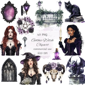 Aquarel gotische heks clipart png bundel, heksen clipart, gotische hekserij png, magische clipart, paarse heks clipart, scrapbooking