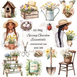 Bundle png de clipart jardinage aquarelle, clipart jardin de printemps, clipart outils de jardin, clipart cottagecore, clipart ferme, scrapbooking