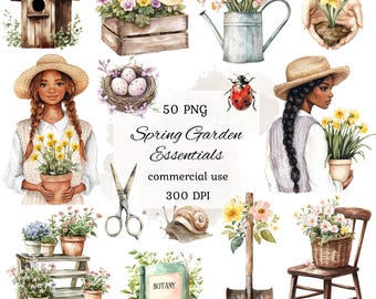 Paquete de imágenes prediseñadas de jardinería en acuarela, imágenes prediseñadas de jardín de primavera, imágenes prediseñadas de herramientas de jardín, imágenes prediseñadas de cottagecore, imágenes prediseñadas de granja, álbumes de recortes