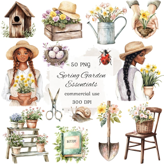 Watercolor gardening clipart png bundle, spring garden clipart, garden tools clipart, cottagecore clipart, farmhouse clipart, scrapbooking