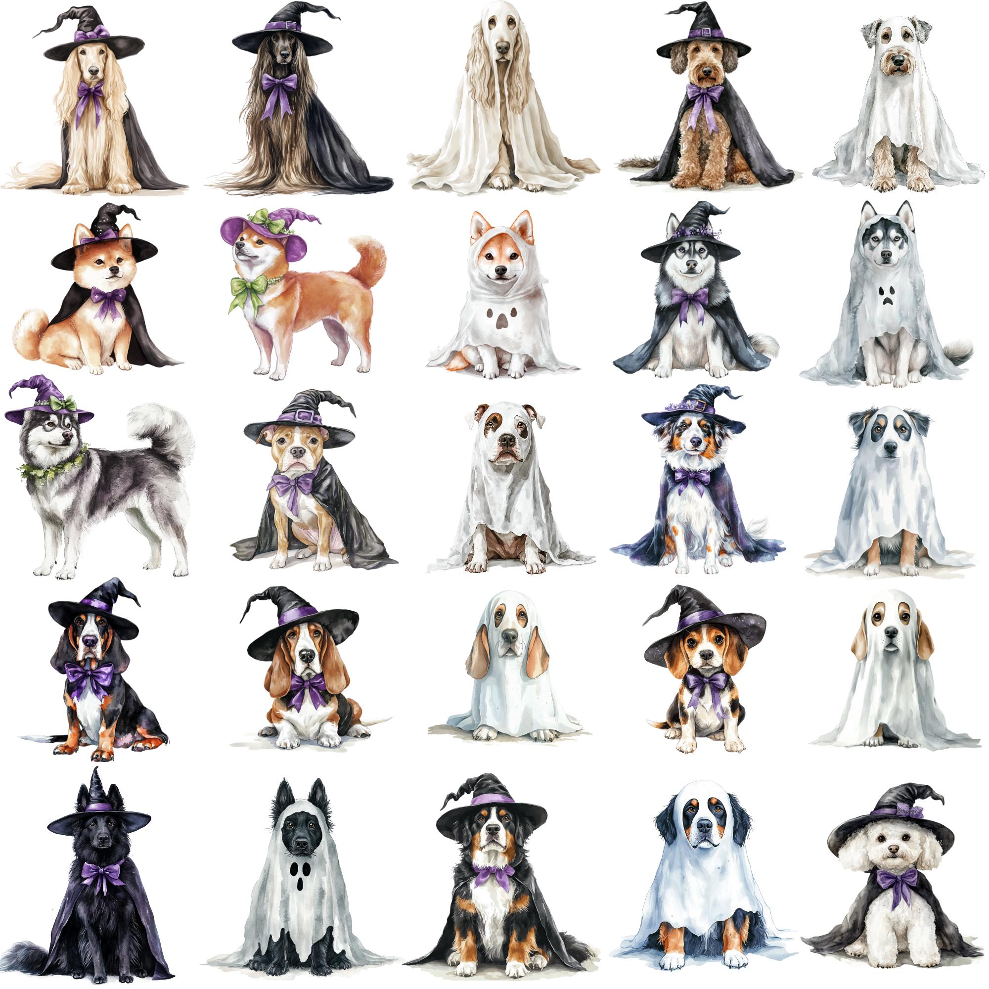 Watercolor Cute Halloween Dogs Clipart Png Bundle, Ghost Dogs in ...