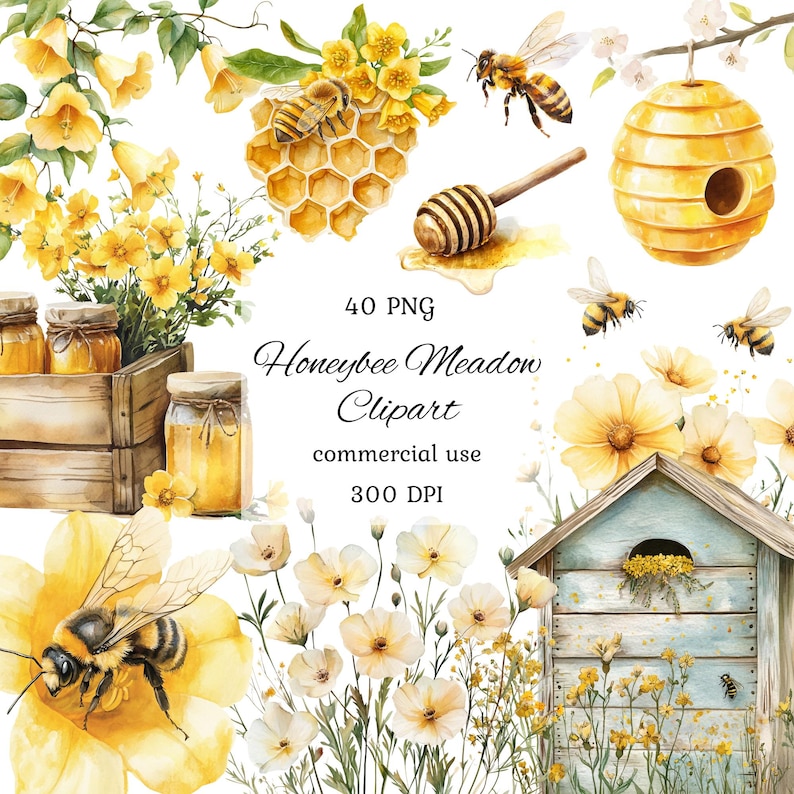 May include: A watercolor illustration set of 40 PNG images featuring honeybees, honeycombs, wildflowers, and beehives. The set is titled "Honeybee Meadow Clipart" and is for commercial use. The images are 300 DPI.