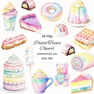 Watercolor pastel sweets clipart png bundle, dessert clipart, cake clipart, lollipop clipart, pastel cupcake clipart, candy clipart