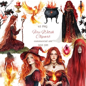 Puede incluir: Conjunto de imágenes prediseñadas de acuarela con ilustraciones de brujas de fuego, un fénix, un caldero y otros elementos místicos. El texto "Fire Witch Clipart" se muestra, junto con "45 PNG", "commercial use" y "300 DPI". La paleta de colores incluye tonos de rojo, naranja y negro.