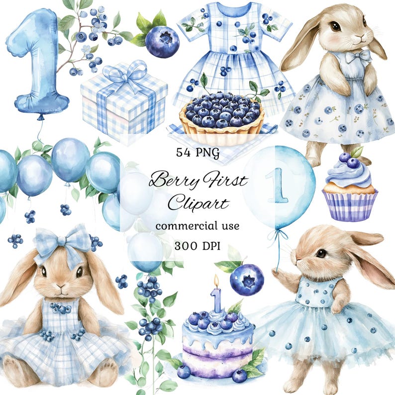 Watercolor Blueberry Clipart Png Bundle, Berry First Birthday, Baby ...