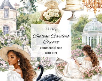Watercolor château clipart png bundle, vintage clipart, french chateau wedding clipart, villas, castle, french garden wedding, scrapbooking
