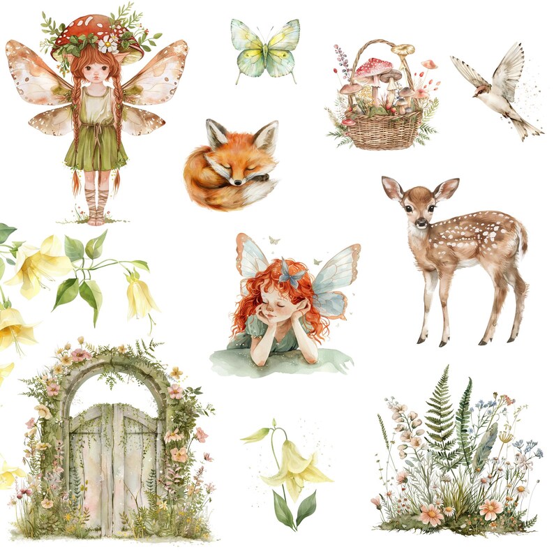 Watercolor Magical Fairy Garden Clipart Png Bundle, Cute Fairy Forest ...