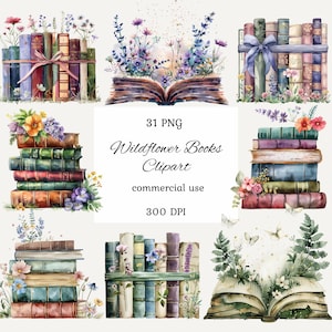 Paquete de imágenes prediseñadas de libros de flores silvestres, imágenes prediseñadas de libros con flores de acuarela, imágenes prediseñadas de amantes de los libros, imágenes prediseñadas de pila de libros, libros con flores, scrapbooking
