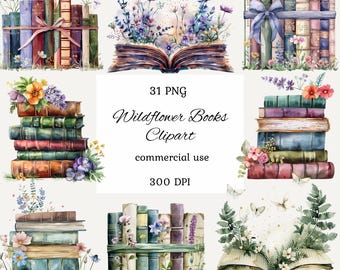 Wildflower book clipart png bundle, watercolor floral book clipart, book lover png, book stack clipart, book with flowers , scrapbooking