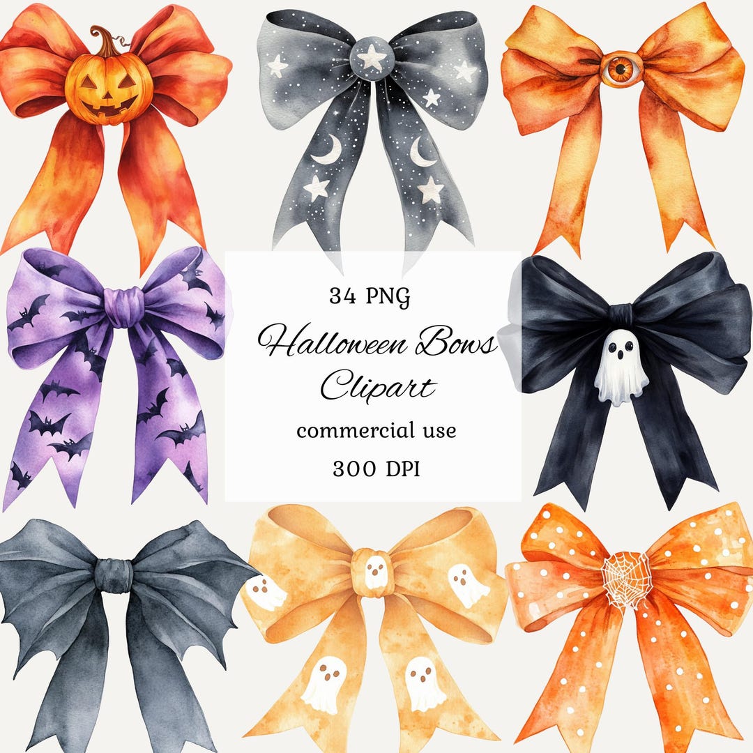 Halloween Bow Clipart Png Bundle, Watercolor Bow Clipart, Coquette Bow ...