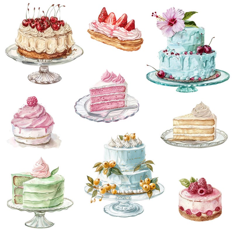 Watercolor Pastel Cakes Clipart Png Bundle, Birthday Cake Clipart ...