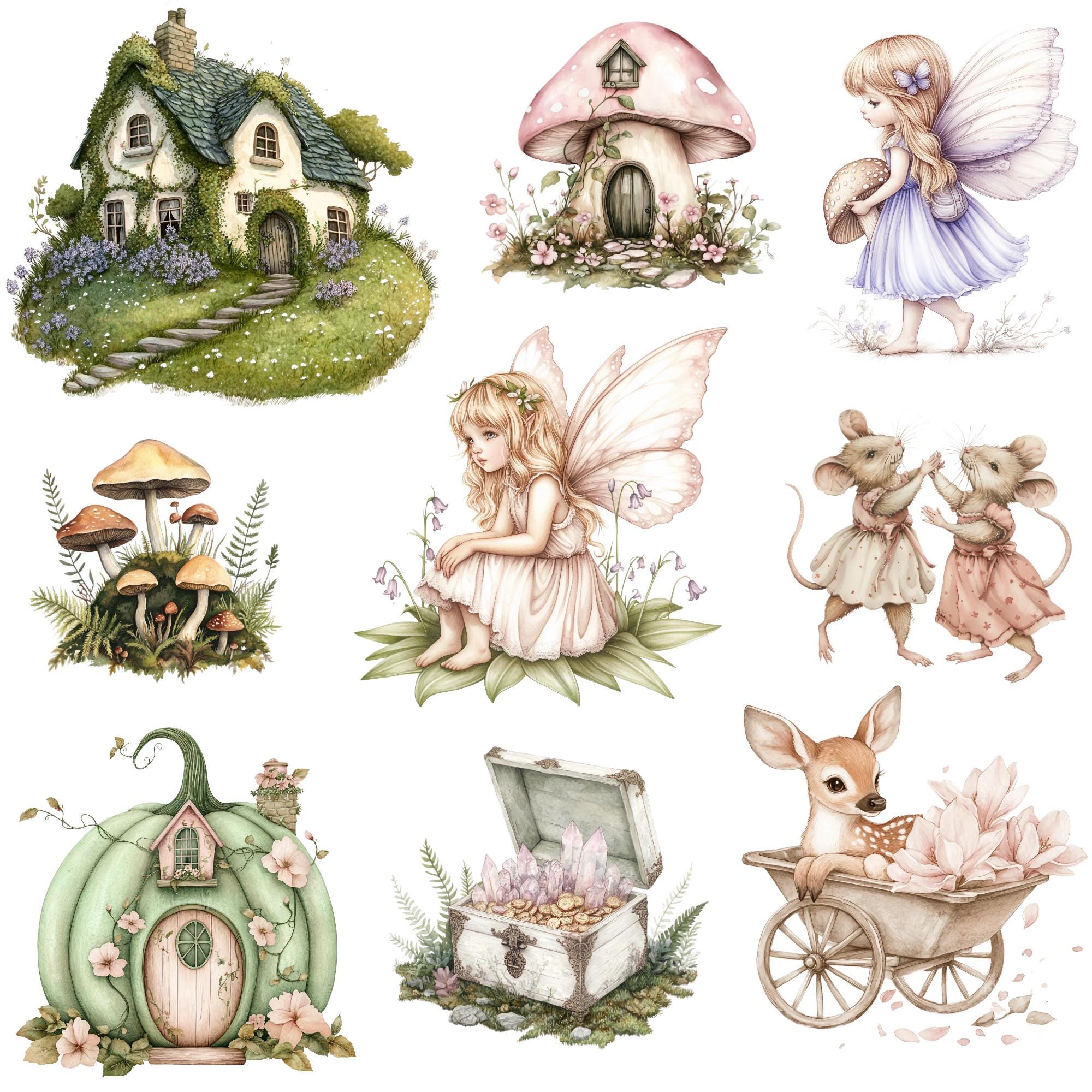Pink Fairy Garden Clipart Png Bundle, Watercolor Fairy, Fairytale ...