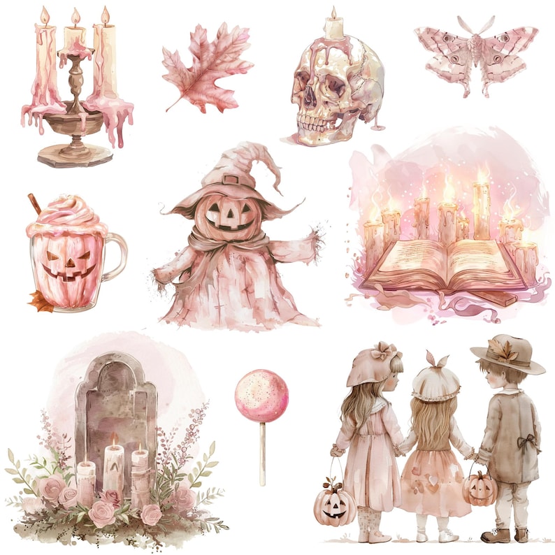 Pink Halloween Clipart Png Bundle, Pastel Halloween, Watercolor ...
