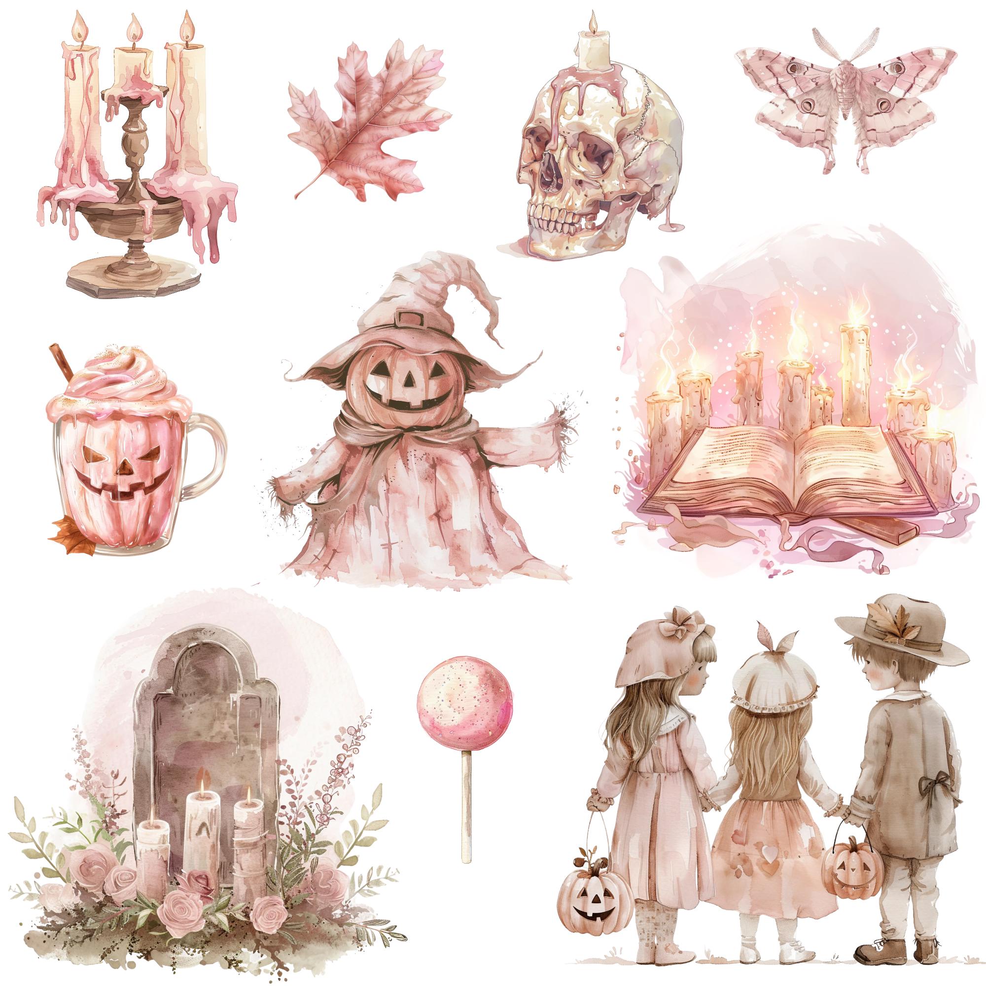 Pink Halloween Clipart Png Bundle, Pastel Halloween, Watercolor ...