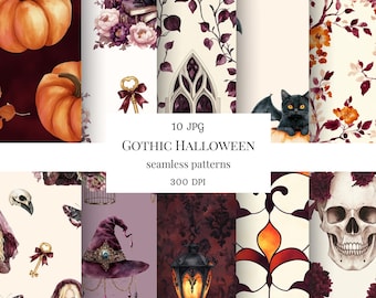 Watercolor gothic halloween seamless pattern, gothic digital paper, skull, gothic halloween skull, halloween background, scrapbooking