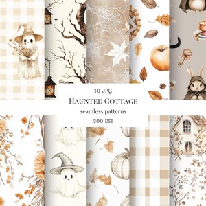 May include: A collection of ten digital seamless patterns with a Halloween theme. The patterns feature watercolor illustrations of ghosts, pumpkins, leaves, and a haunted cottage in shades of beige, brown, and orange. The text "HAUNTED COTTAGE" is displayed.