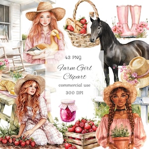 Bundle de cliparts png de fille de ferme, clipart aquarelle vie à la ferme, clipart maison de ferme, animaux de la ferme png, clipart cottagecore, scrapbooking