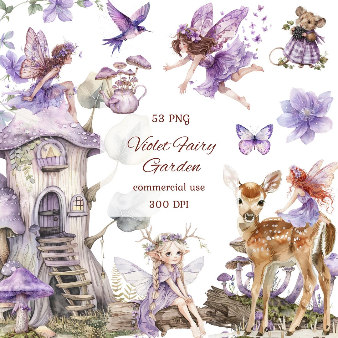 Watercolor Purple Fairy Clipart Png Bundle, Purple Fairy House, Magical ...