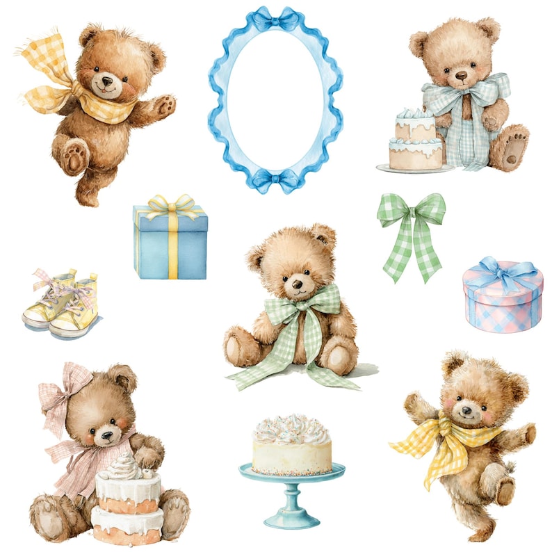 Watercolor Teddy Bear Birthday Party Clipart Png Bundle, Baby Teddy ...