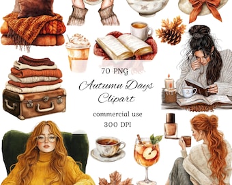 Autumn clipart png bundle, sweater weather, rustic fall, autumn leaves, pumpkin, boho cozy autumn planner, commercial use, scrapbooking