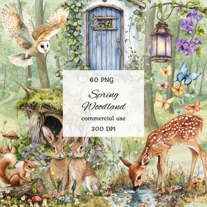 Clipart di animali del bosco primaverili ad acquerello, clipart di creature del bosco, clipart di cuccioli del bosco, foresta primaverile, arte per bambini, scrapbooking