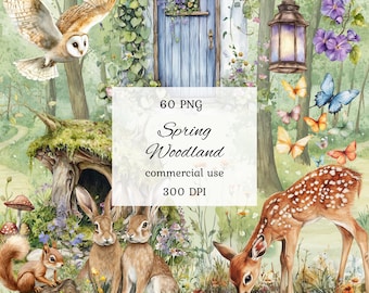 Imágenes prediseñadas de animales del bosque primaveral en acuarela, imágenes prediseñadas de criaturas del bosque, imágenes prediseñadas de bebés del bosque, bosque primaveral, arte infantil, scrapbooking