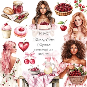 Watercolor cherry clipart png bundle, cherry watercolor clipart, cherry designs, cherries with bow, summer clipart, pink bow png