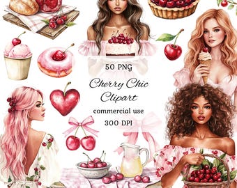 Watercolor cherry clipart png bundle, cherry watercolor clipart, cherry designs, cherries with bow, summer clipart, pink bow png