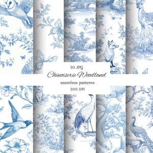 Blauw chinoiserie naadloos patroon, chinoiserie bloemen naadloos, chinoiserie dieren, elegant toile-patroon, toile de jouy, scrapbooking